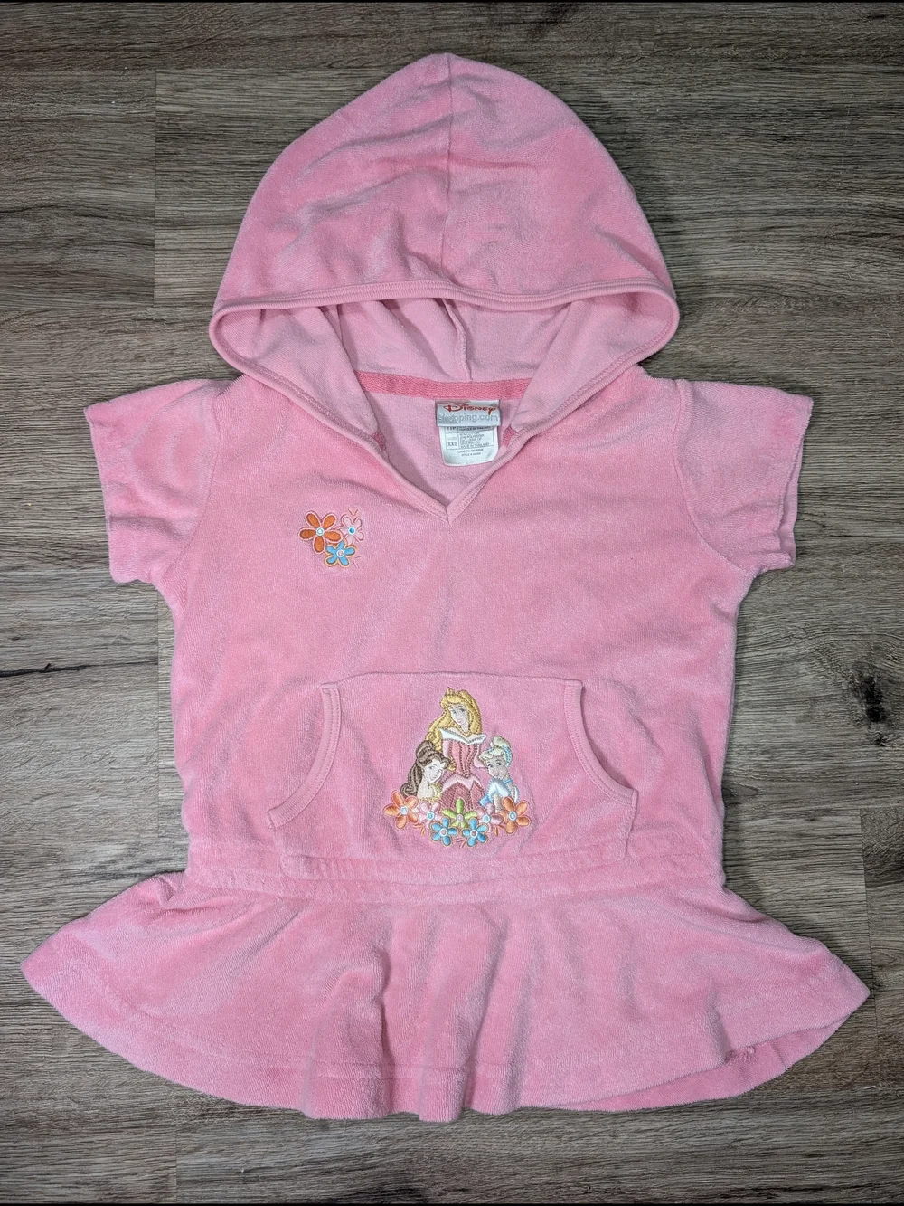 Disney Girl XXS Pink Hooded Terry Shirt Coverup Princess Embroidery Short Sleeve